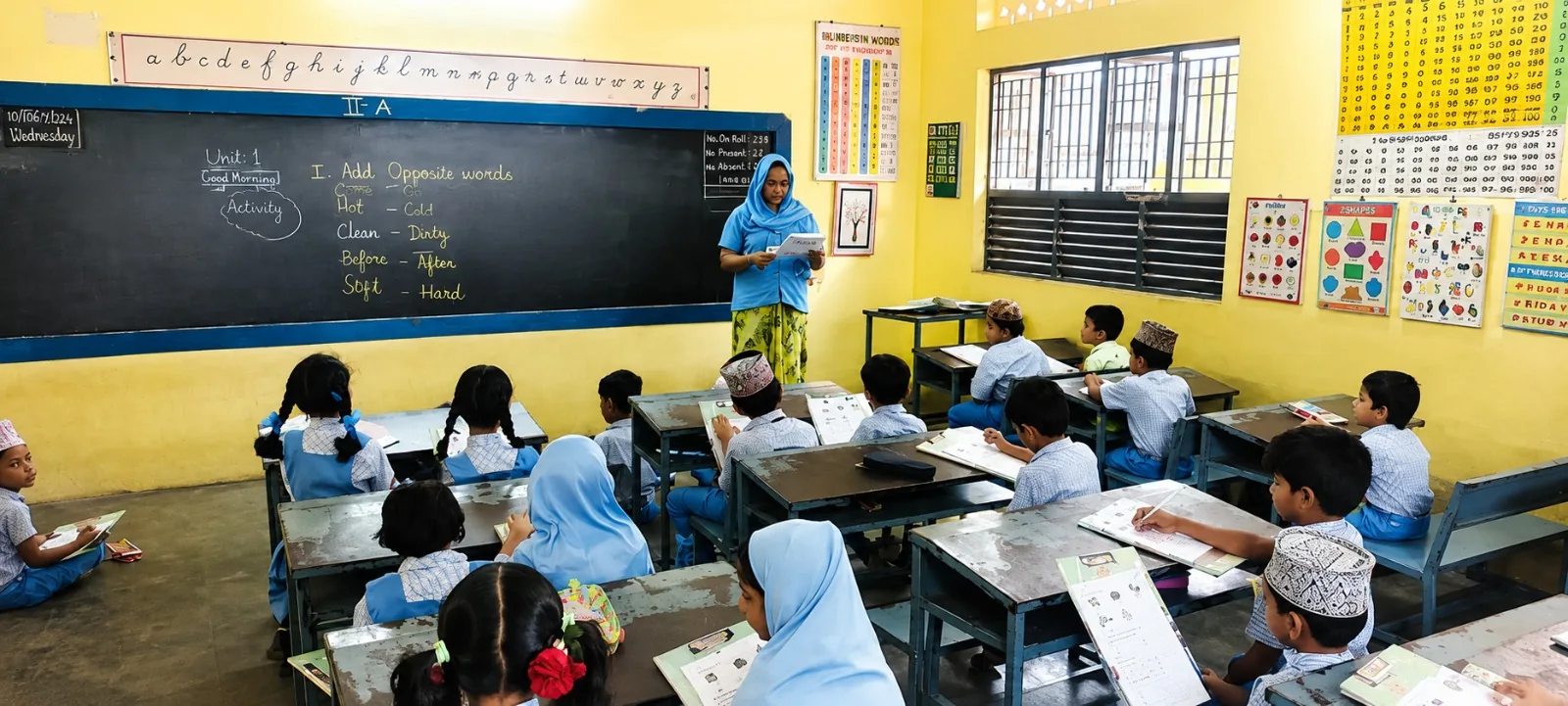 A Crescent School teacher engaging young students in a bright classroom